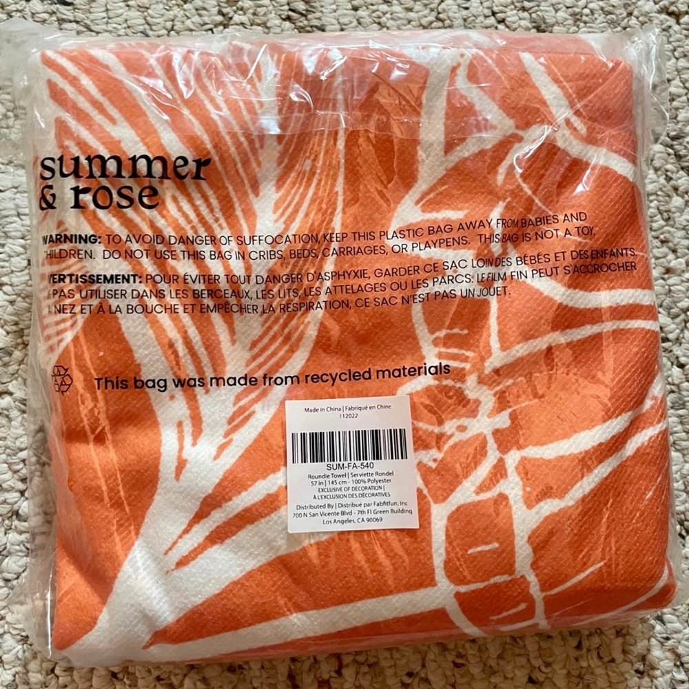 Summer and Rose Round Beach Towel Orange & White Tropical Floral Print